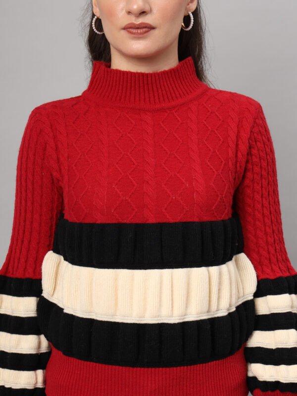 Maroon, Black & White Knit Short-Length Winter Sweater Top