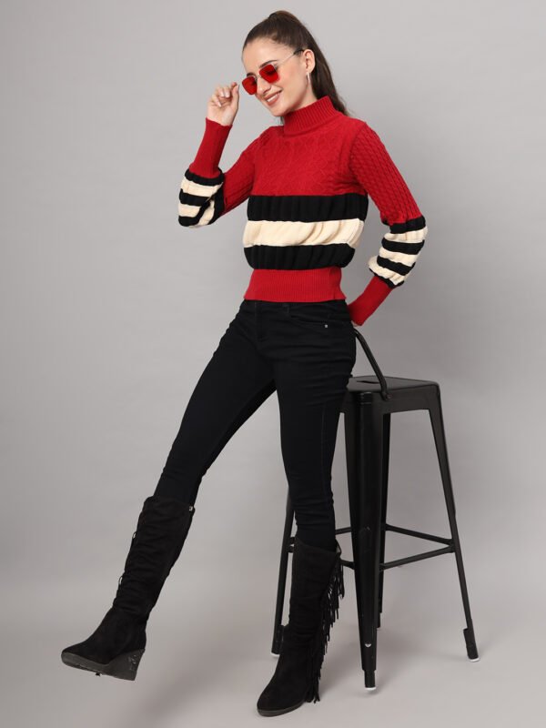 Maroon, Black & White Knit Short-Length Winter Sweater Top