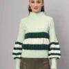 Women's pistachio green, dark green, and white colorblock chunky ribbed knit short-length winter sweater top with balloon sleeves