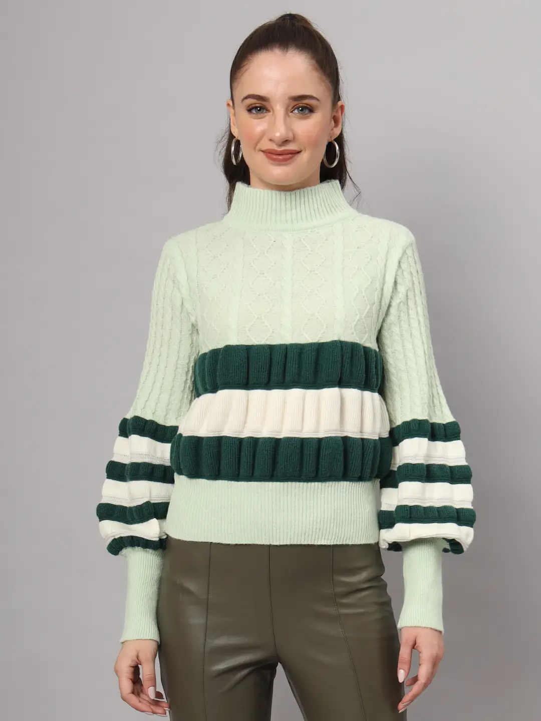Women's pistachio green, dark green, and white colorblock chunky ribbed knit short-length winter sweater top with balloon sleeves