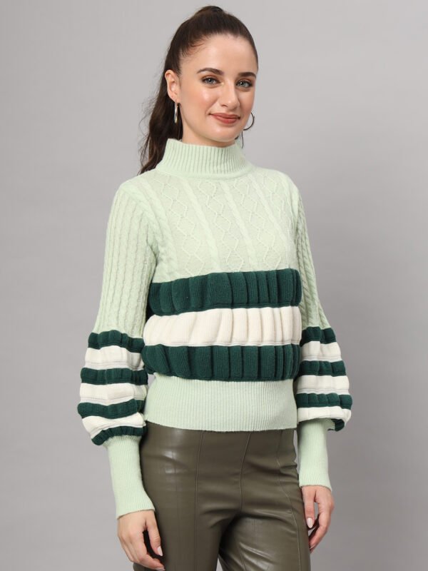 Pistachio, Dark Green & White Knit Short-Length Winter Sweater Top
