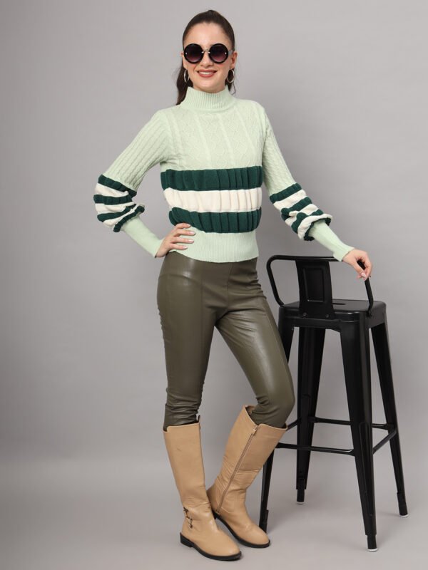 Pistachio, Dark Green & White Knit Short-Length Winter Sweater Top