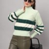 Women's pistachio green, dark green, and white colorblock chunky ribbed knit short-length winter sweater top with balloon sleeves