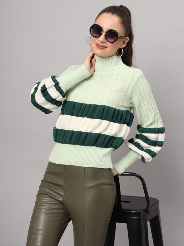 Women's pistachio green, dark green, and white colorblock chunky ribbed knit short-length winter sweater top with balloon sleeves
