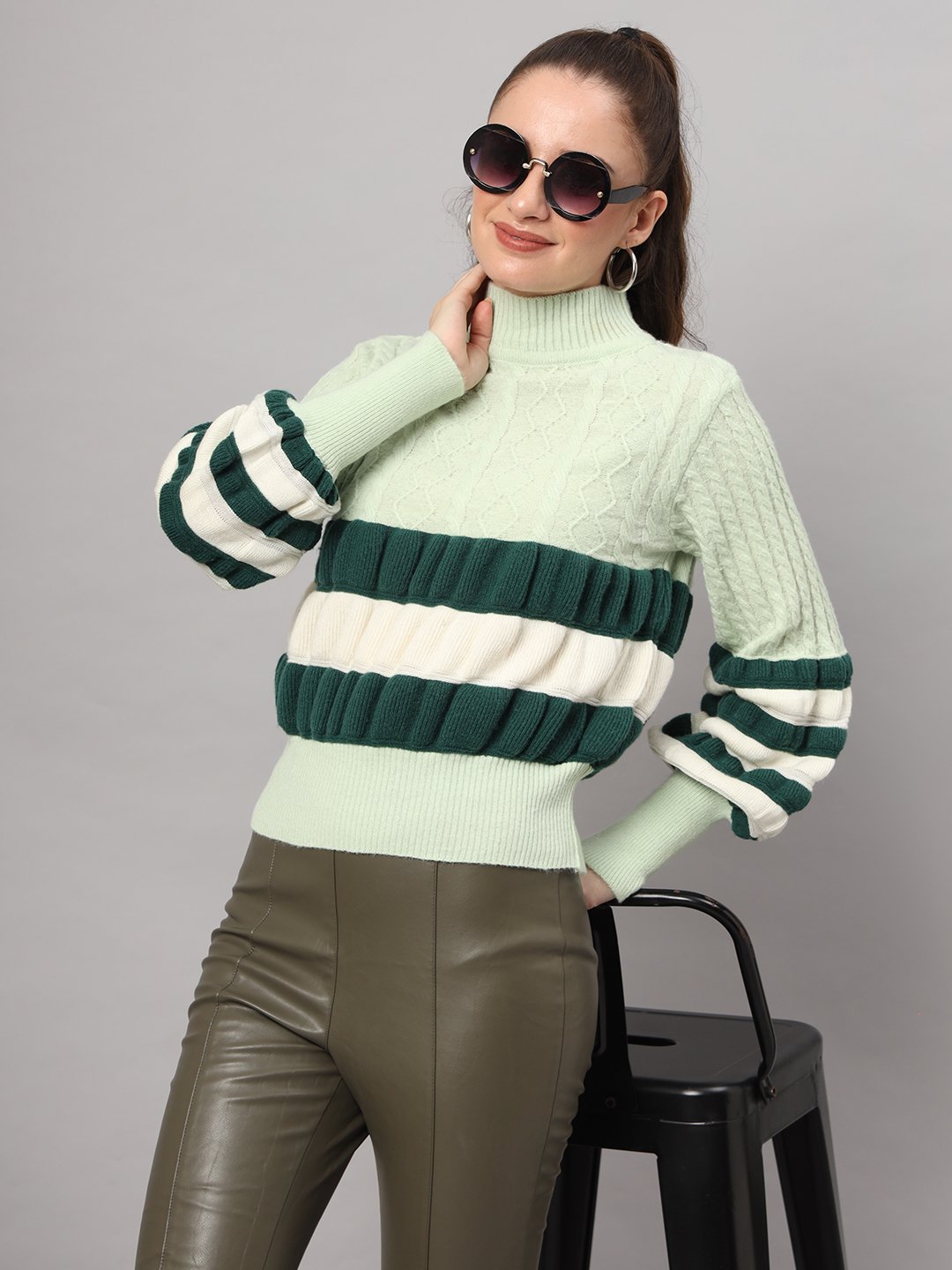 Pistachio, Dark Green & White Knit Short-Length Winter Sweater Top