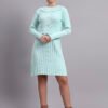 Women’s cool green ribbed knit sweater dress with scalloped collar, floral buttons, and fit & flare silhouette