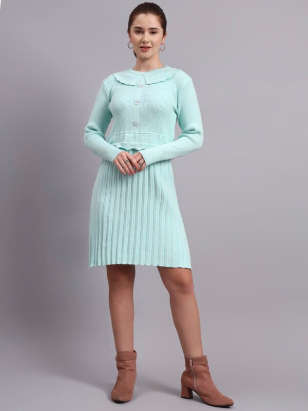 Women’s cool green ribbed knit sweater dress with scalloped collar, floral buttons, and fit & flare silhouette