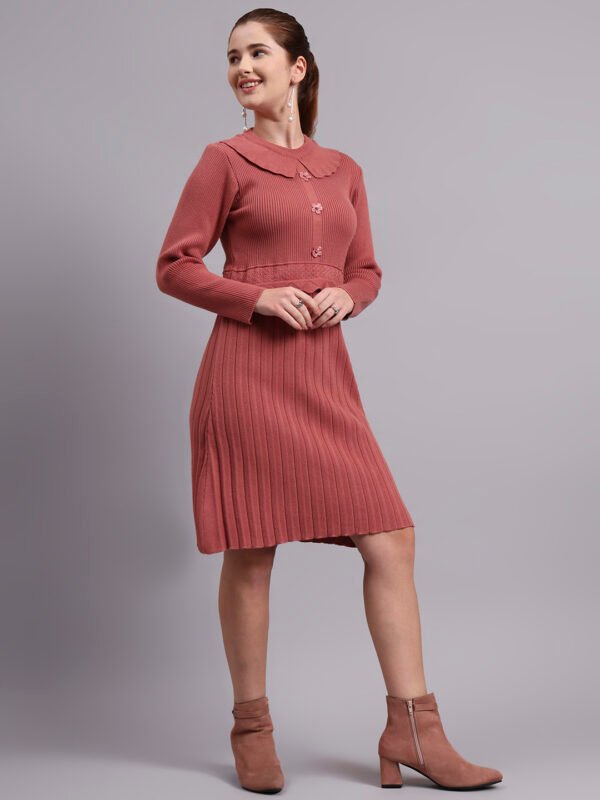 J6_DRUST_01_4 Women's Rose Pink Ribbed Knit Winter Jumper Dress
