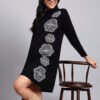 J7_BLACK_01_1 Women's Black Knit Winter Dress with White Geometric Embroidery