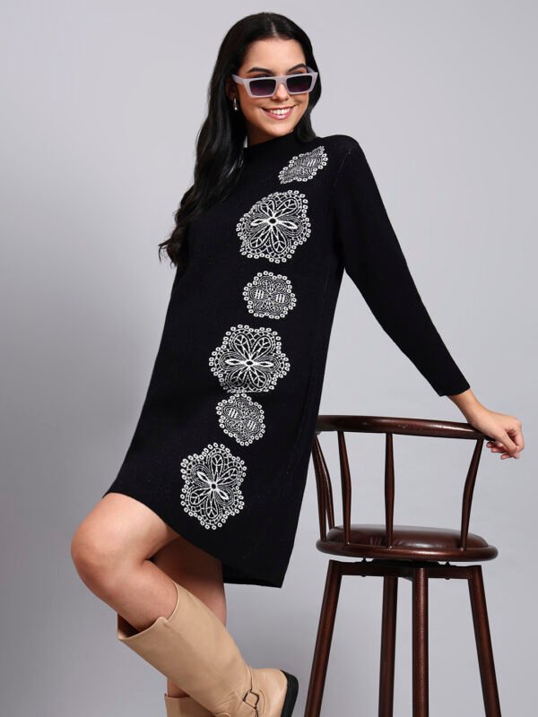 J7_BLACK_01_1 Women's Black Knit Winter Dress with White Geometric Embroidery