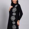 J7_BLACK_01_4 Women's Black Knit Winter Dress with White Geometric Embroidery