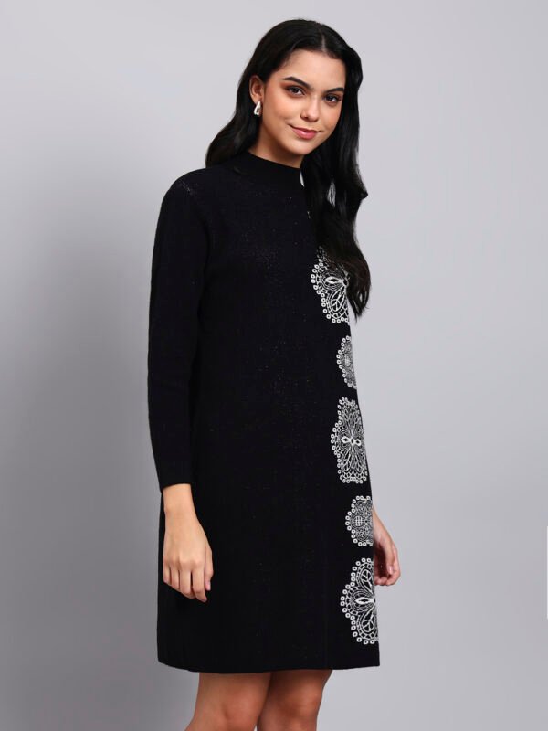 J7_BLACK_01_5 Women's Black Knit Winter Dress with White Geometric Embroidery