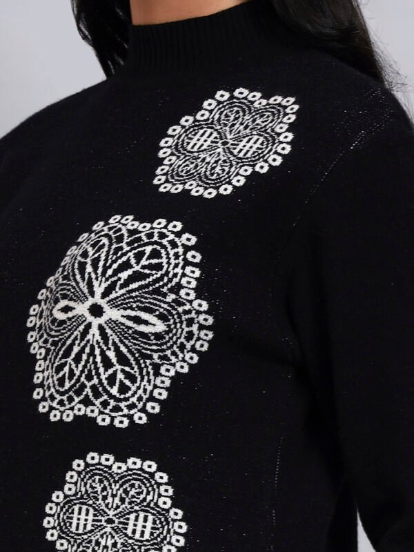 J7_BLACK_01_6 Women's Black Knit Winter Dress with White Geometric Embroidery