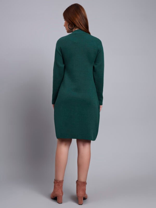 Women's Green Knit Winter Dress with White Geometric Embroidery
