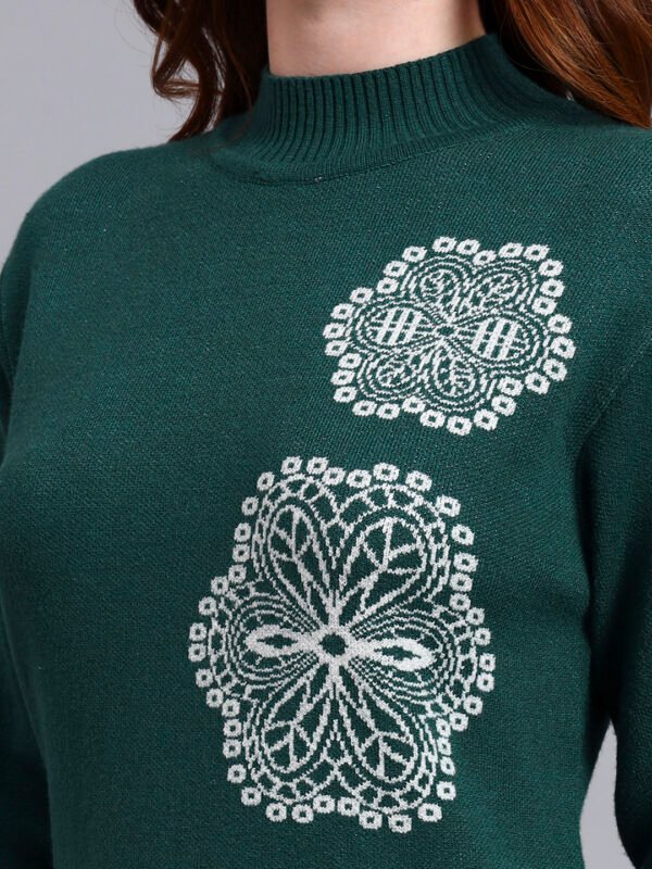 Women's Green Knit Winter Dress with White Geometric Embroidery