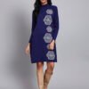 Women's Navy Blue Knit Winter Dress with White Geometric Embroidery