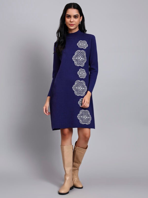 Women's Navy Blue Knit Winter Dress with White Geometric Embroidery