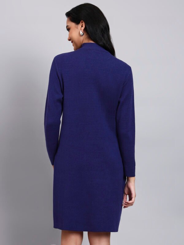 Women's Navy Blue Knit Winter Dress with White Geometric Embroidery