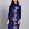 Women's Navy Blue Knit Winter Dress with White Geometric Embroidery