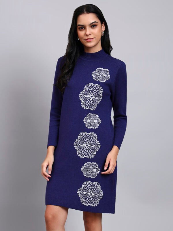 Women's Navy Blue Knit Winter Dress with White Geometric Embroidery