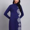 Women's Navy Blue Knit Winter Dress with White Geometric Embroidery