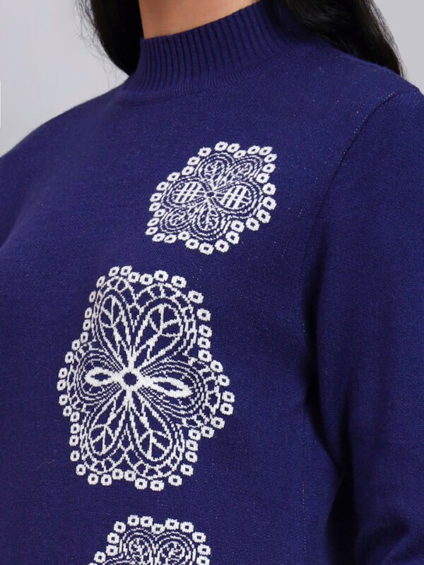 Women's Navy Blue Knit Winter Dress with White Geometric Embroidery