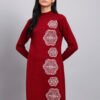 Women's Wine Red Knit Winter Dress with White Geometric Embroidery