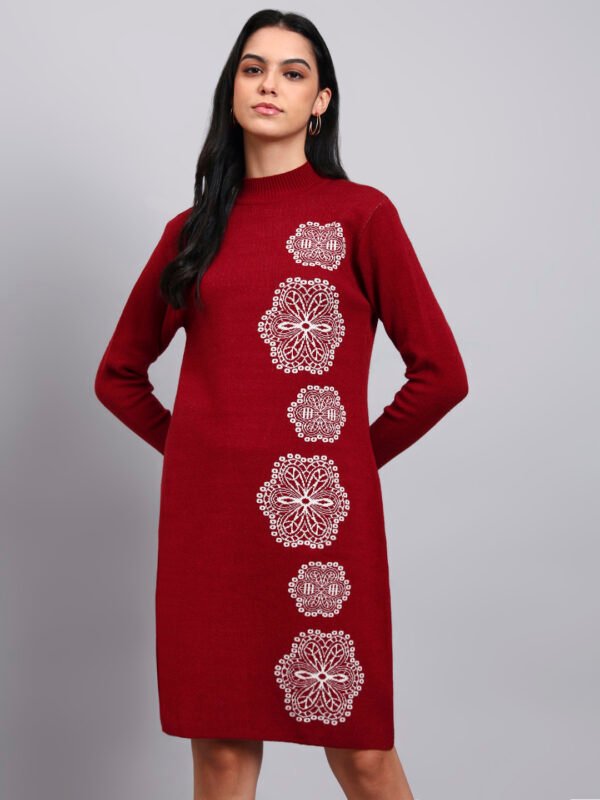 Women's Wine Red Knit Winter Dress with White Geometric Embroidery