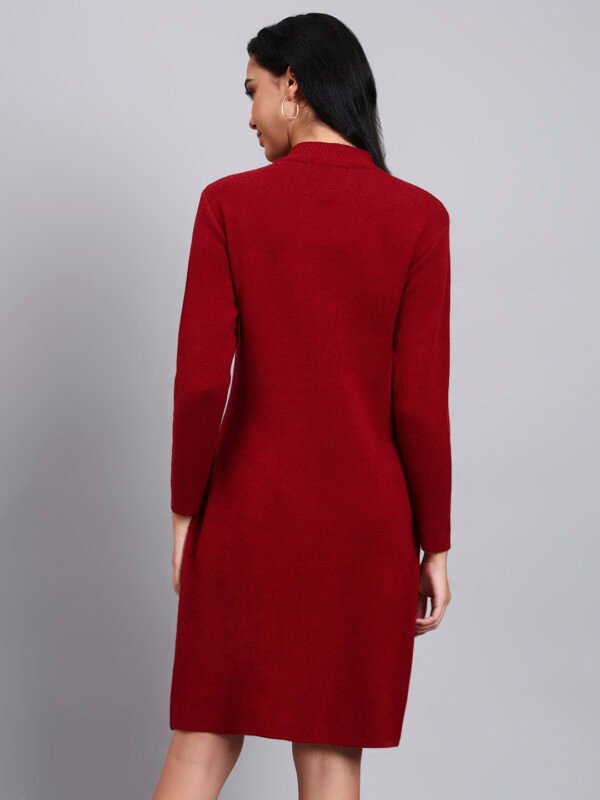 Women's Wine Red Knit Winter Dress with White Geometric Embroidery