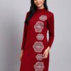 Women's Wine Red Knit Winter Dress with White Geometric Embroidery