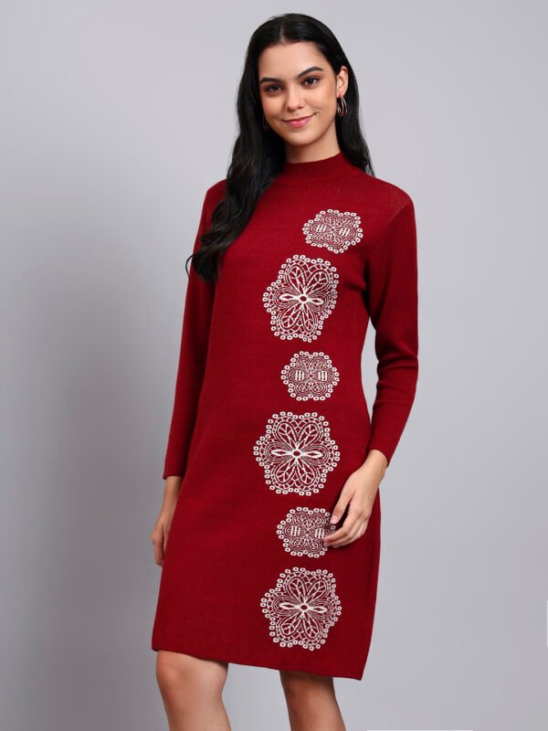 Women's Wine Red Knit Winter Dress with White Geometric Embroidery