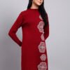 Women's Wine Red Knit Winter Dress with White Geometric Embroidery