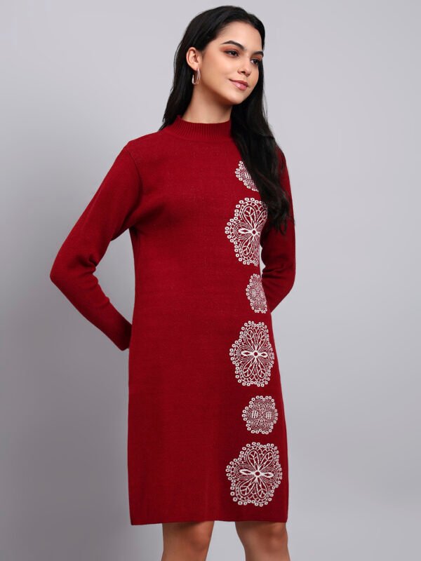 Women's Wine Red Knit Winter Dress with White Geometric Embroidery