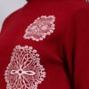 Women's Wine Red Knit Winter Dress with White Geometric Embroidery