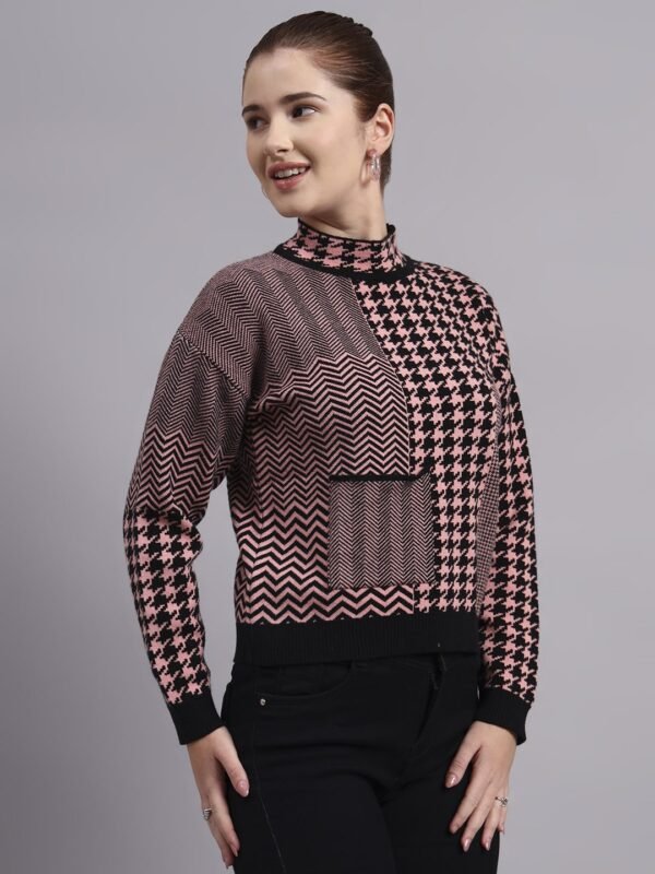 S13_BLACK_01_5-min Turtle Neck Houndstooth Design Premium Acrylic Wool Women’s Knitted Top & Sweater
