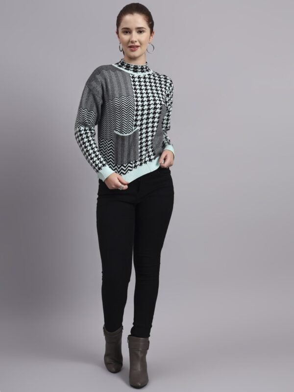 Women’s Mint Green Turtle Neck Houndstooth Mid-Length Knitted Top Sweater – Winter Wear