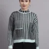 Women’s Mint Green Turtle Neck Houndstooth Mid-Length Knitted Top Sweater – Winter Wear