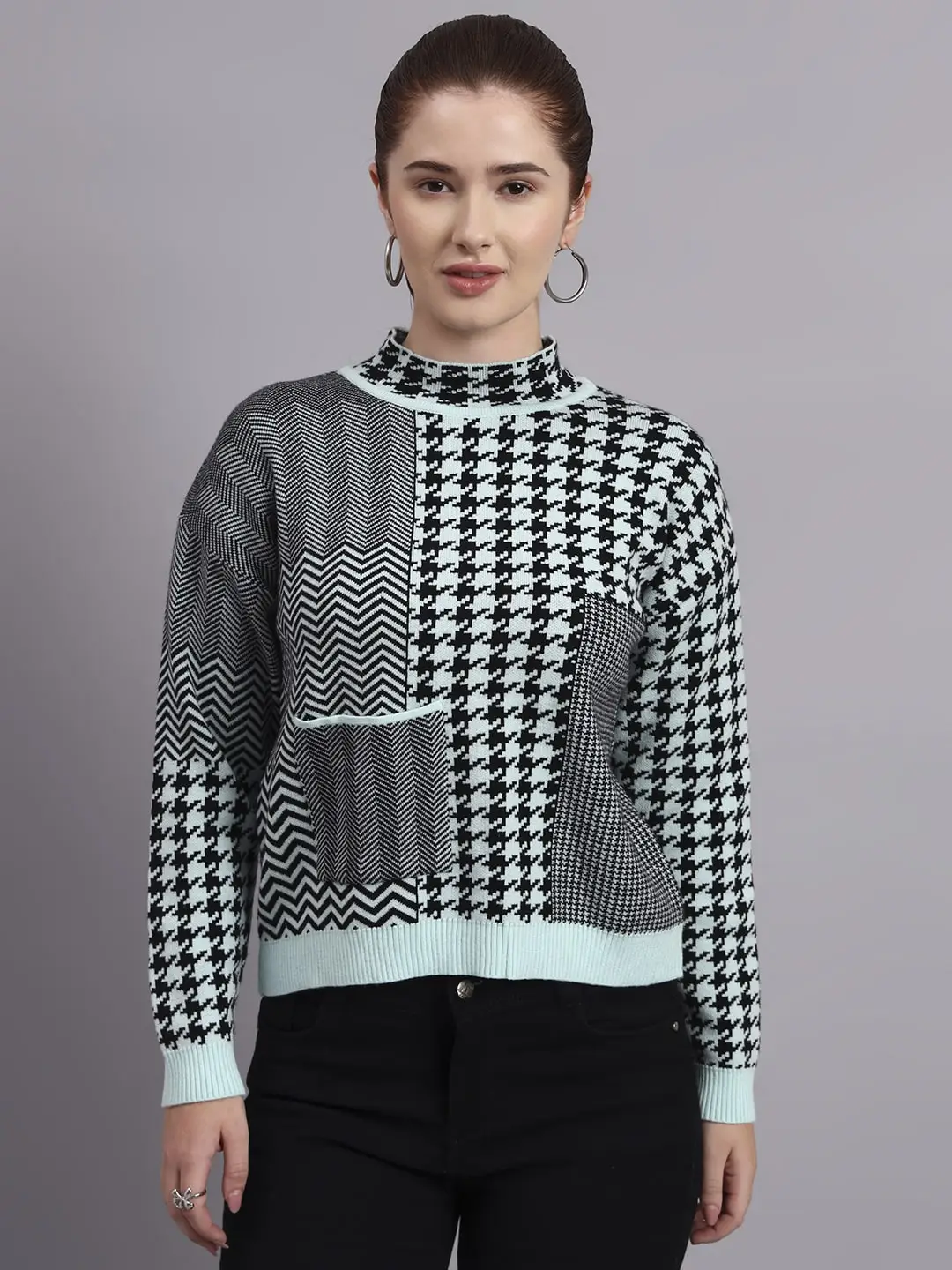 Women’s Mint Green Turtle Neck Houndstooth Mid-Length Knitted Top Sweater – Winter Wear