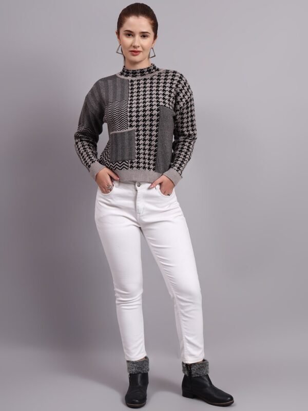 Women’s turtle neck houndstooth patchwork design premium acrylic wool knitted sweater top
