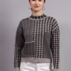 Women’s turtle neck houndstooth patchwork design premium acrylic wool knitted sweater top