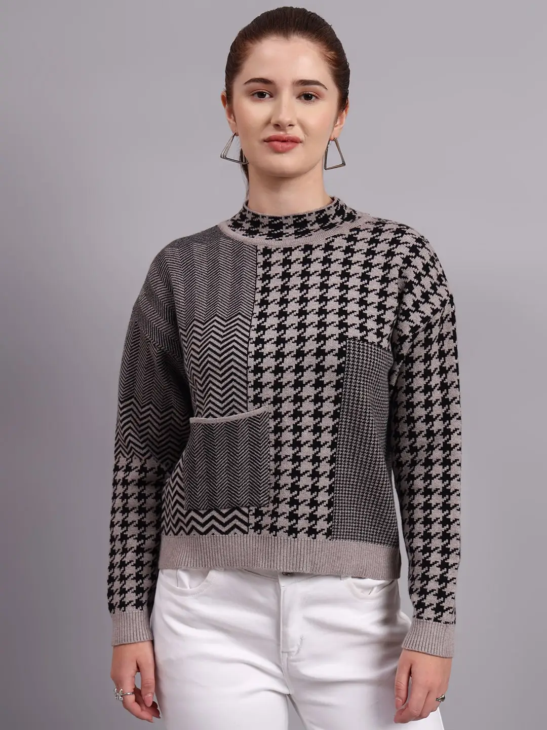Women’s turtle neck houndstooth patchwork design premium acrylic wool knitted sweater top