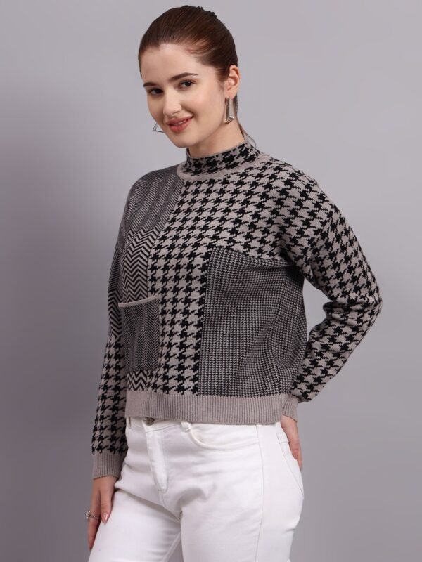 Turtle Neck Houndstooth Design Premium Acrylic Wool Women Knitted Top & Sweater