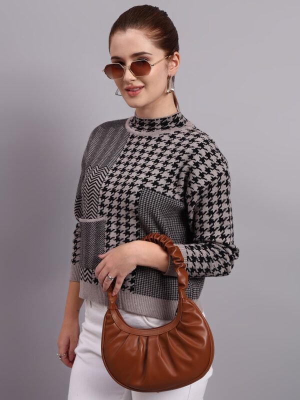 Turtle Neck Houndstooth Design Premium Acrylic Wool Women Knitted Top & Sweater