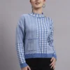 Women’s sky blue turtle neck houndstooth patchwork design premium acrylic wool knitted sweater top Women’s sky blue turtle neck houndstooth patchwork design premium acrylic wool knitted sweater top
