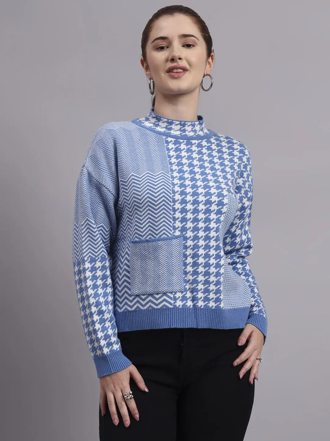 Women’s sky blue turtle neck houndstooth patchwork design premium acrylic wool knitted sweater top