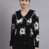Women’s black spread collar flower matrix design premium acrylic wool knitted sweater top Women’s black spread collar flower matrix design premium acrylic wool knitted sweater top