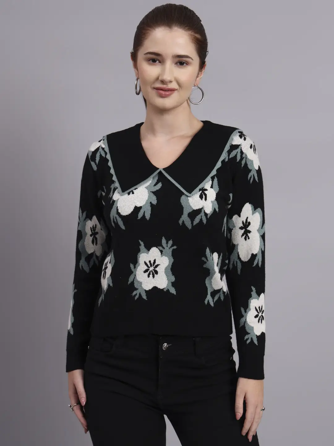 Women’s black spread collar flower matrix design premium acrylic wool knitted sweater top Women’s black spread collar flower matrix design premium acrylic wool knitted sweater top