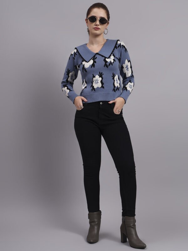 Women’s grey spread collar flower matrix design premium acrylic wool knitted sweater top