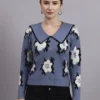 Women’s grey spread collar flower matrix design premium acrylic wool knitted sweater top