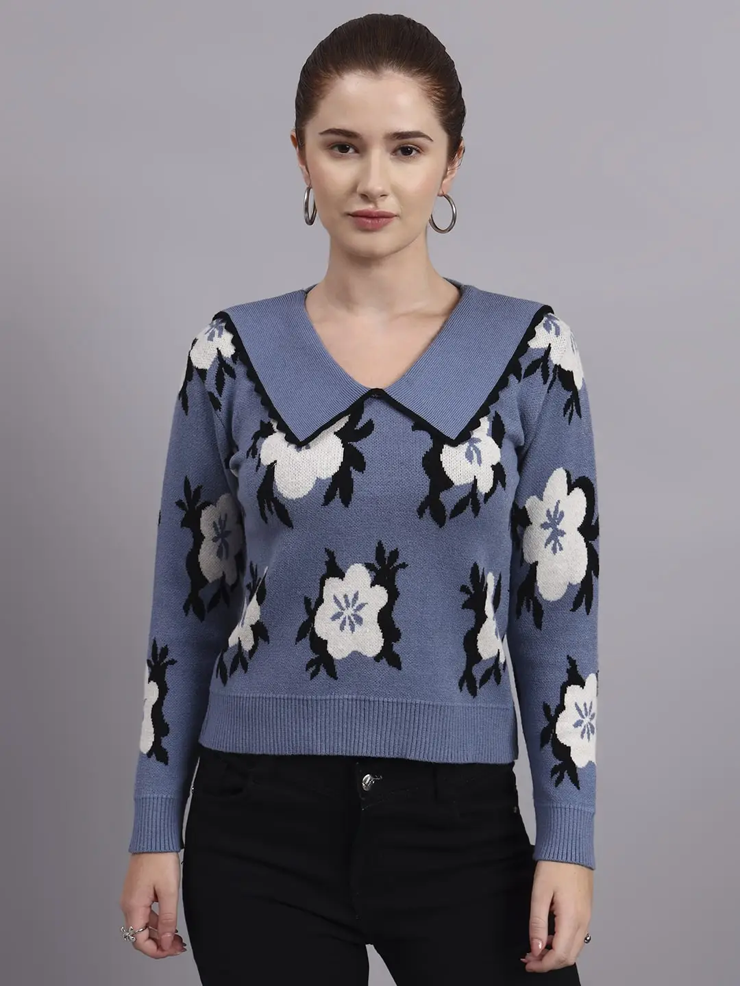 Women’s grey spread collar flower matrix design premium acrylic wool knitted sweater top